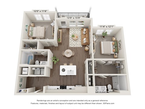 Floor plan for 2 beds, 2 baths, 1022 sqft